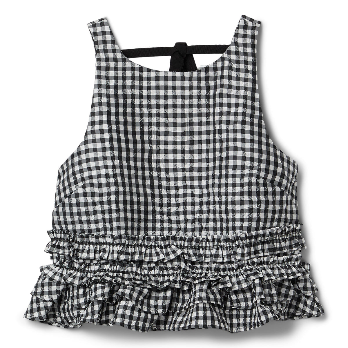 GANNI Crinkled Taffeta Check Open Back Frill Top (Black)